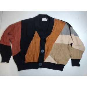 Lush Womens Colorblock Ribbed Knit Cardigan Sweater Black Rust Tan Medium